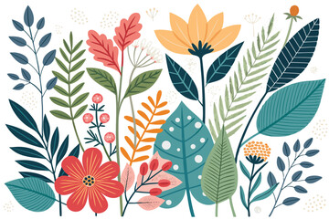 
Abstract botanical collage with colorful hand-drawn flowers and leaves seamless vector floral pattern in modern minimalist style, Vector modern graphic illustration of colorful flowers and leaves


