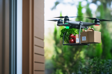 Drone delivers a bag of fresh food to your doorstep, food delivery, food distribution technology