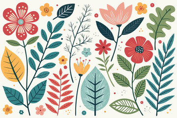 
Abstract botanical collage with colorful hand-drawn flowers and leaves seamless vector floral pattern in modern minimalist style, Vector modern graphic illustration of colorful flowers and leaves

