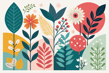 
Abstract botanical collage with colorful hand-drawn flowers and leaves seamless vector floral pattern in modern minimalist style, Vector modern graphic illustration of colorful flowers and leaves


