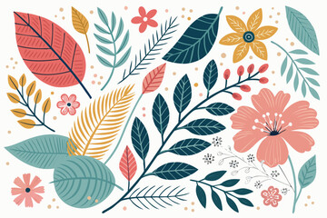 
Abstract botanical collage with colorful hand-drawn flowers and leaves seamless vector floral pattern in modern minimalist style, Vector modern graphic illustration of colorful flowers and leaves


