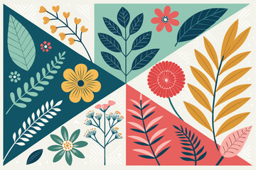 
Abstract botanical collage with colorful hand-drawn flowers and leaves seamless vector floral pattern in modern minimalist style, Vector modern graphic illustration of colorful flowers and leaves

