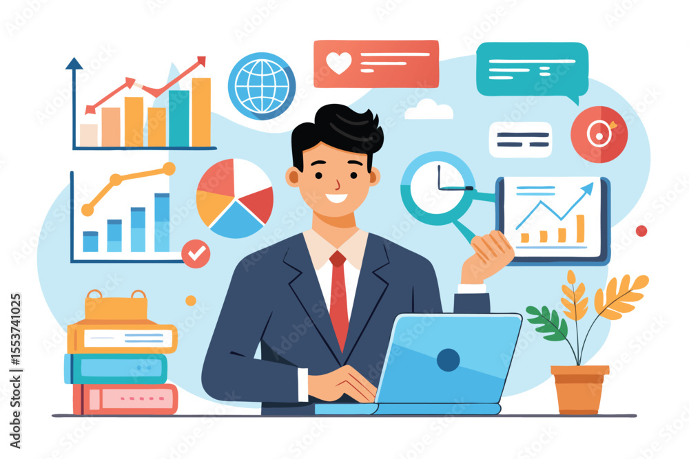 Poster businessman analyzing various charts and graphs while working on a laptop in a modern office environ