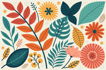 
Abstract botanical collage with colorful hand-drawn flowers and leaves seamless vector floral pattern in modern minimalist style, Vector modern graphic illustration of colorful flowers and leaves

