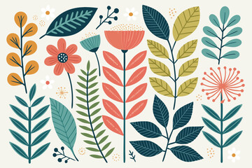
Abstract botanical collage with colorful hand-drawn flowers and leaves seamless vector floral pattern in modern minimalist style, Vector modern graphic illustration of colorful flowers and leaves

