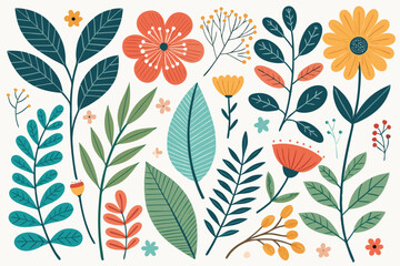 
Abstract botanical collage with colorful hand-drawn flowers and leaves seamless vector floral pattern in modern minimalist style, Vector modern graphic illustration of colorful flowers and leaves

