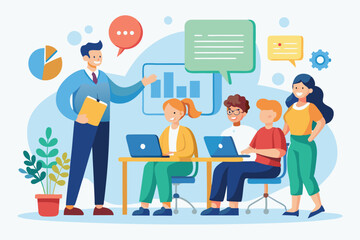 Engaging business education presentation with diverse learners collaborating in a modern classroom setting