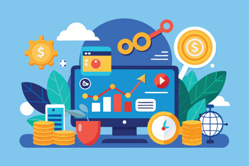 Exploring monetization strategies through SEO techniques in a flat illustration of digital marketing tools and analytics