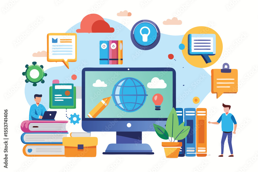 Poster e learning concept illustrating online education with interactive elements and resources for student