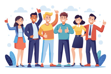 Obraz premium Successful team of seven colleagues celebrating achievements outdoors in a vibrant and friendly atmosphere during the day