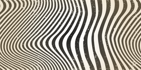 Abstract grunge seamless zebra bg with noise texture and black and white stripes. Optical illusion. Simple wavy psychedelic vector illustration