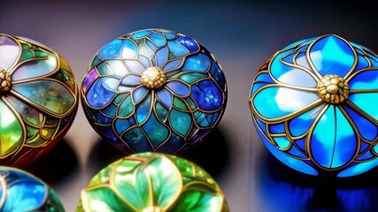 Ornate colorful spheres with petal designs and decorative golden filigree ornamentation in green, blue, purple hues, close-up on black surface, glossy and vibrant. - Powered by Adobe