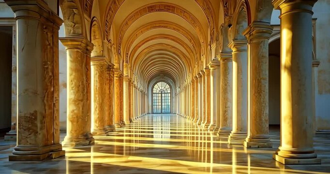 Static shot, establishing a long hallway with columns and arches. Sunlight streams through a window at the end, creating dramatic shadows and reflections.