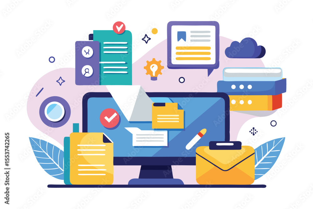 Poster file management and administration concepts illustrated with colorful icons and digital elements in 