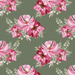 watercolor pattern wildflowers illustration pink with green leaves isolated on dark
