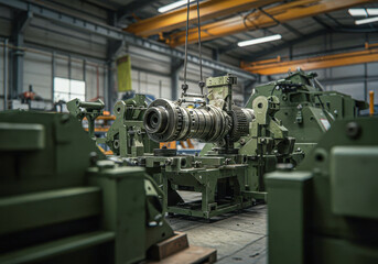 Heavy industrial machinery suspended by a crane inside a large manufacturing factory. Production process of complex mechanical parts.