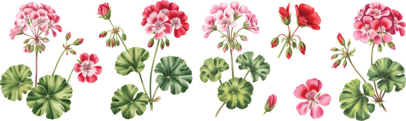 Watercolor botanical geranium flowers vector  illustration. Geranium flower set Isolated buds, and leaves on white background.
