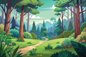 Explore a serene forrest landscape with lush grass, scattered wildflowers, and towering trees under a clear sky