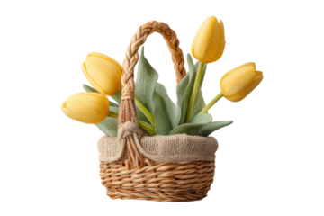 PNG Yellow tulips in woven basket with dew drops on black background