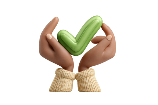 PNG 3d illustration of diverse hands holding a green checkmark symbol