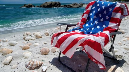 Patriotic beach scene: American flag draped on chair, seashells, ocean view.