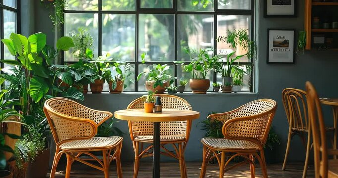 Cozy cafe interior with wicker chairs, a round table, and plants by the window.
