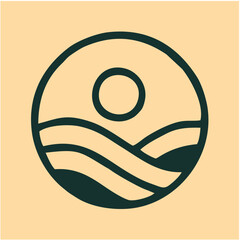 Sunrise Waves Minimalist Emblem Vector Logo, A modern emblem featuring a rising sun above stylized waves within a circular badge, rendered in dark green on beige—ideal for coastal branding, wellness, 