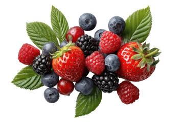 PNG Fresh assortment of berries and leaves on black background