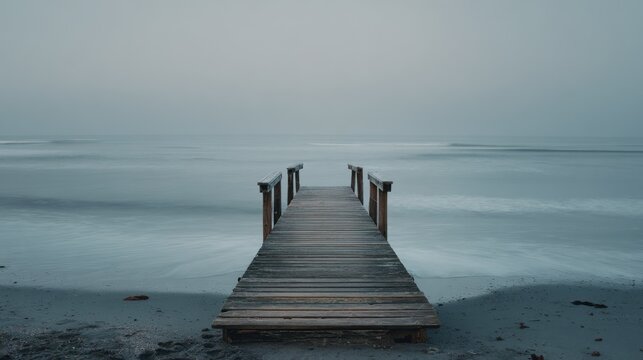 Wooden pier stretching into calm ocean, a serene escape into simplicity and peace