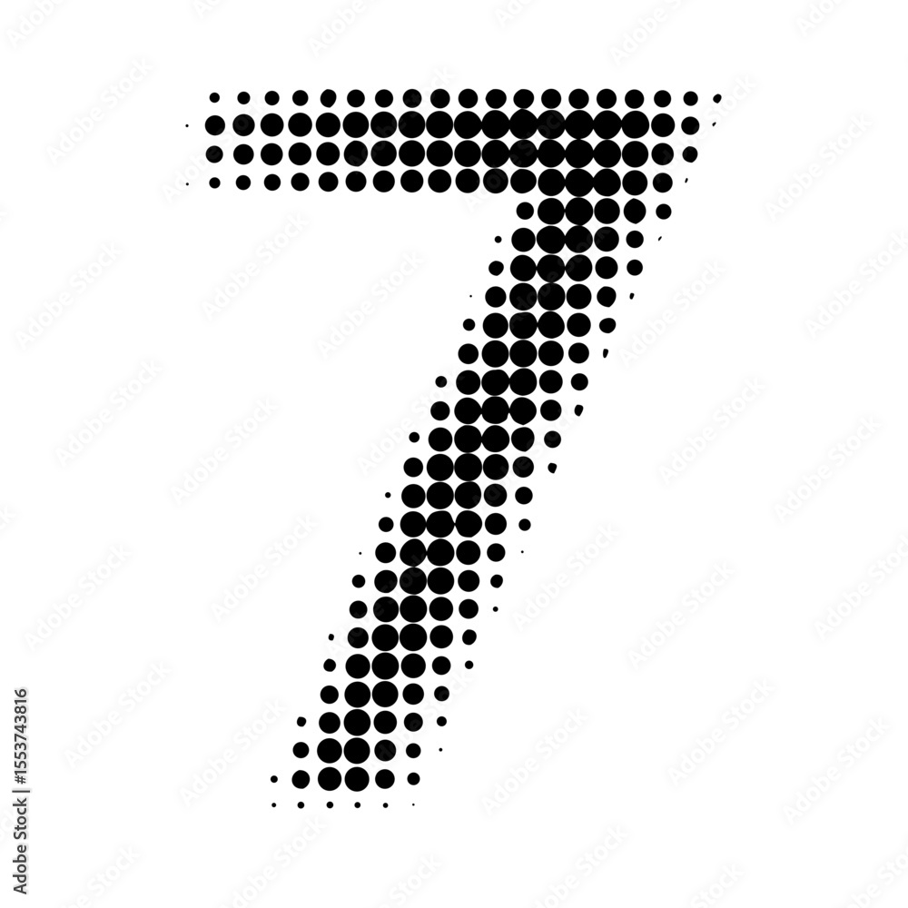 Poster halftone number seven isolated on white background in a dotted pattern