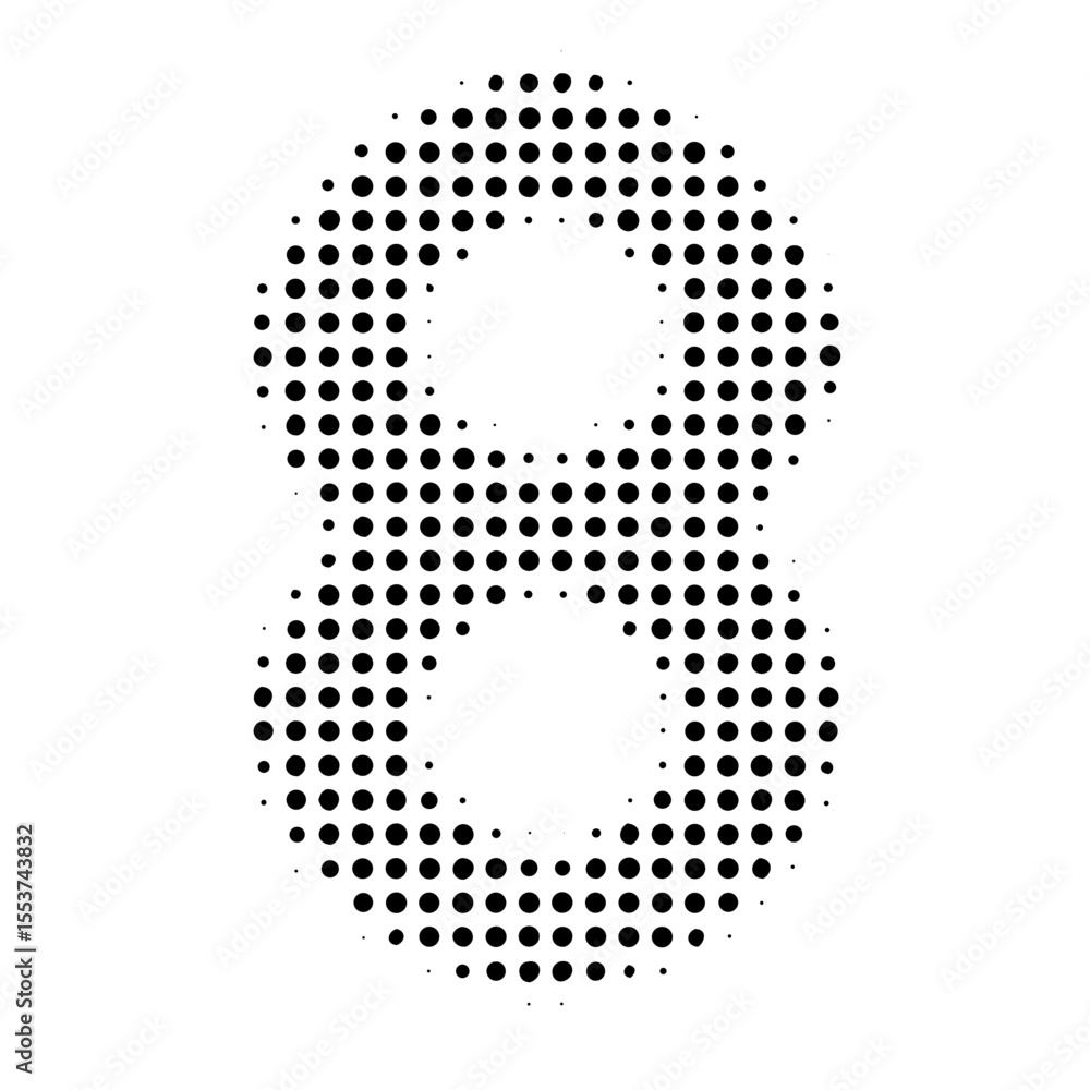 Poster halftone number eight isolated on white background in a dotted pattern