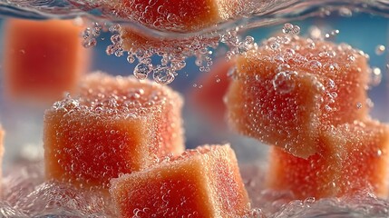   Watermelon cubes float atop each other, forming groups with bubbles above them