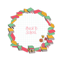 Stack books, mug, bouquet flowers. A sheet of notebook paper in a cage. Banner, frame with space for text. Slogan Back to school. A love of reading, literature and learning. Day of Knowledge.