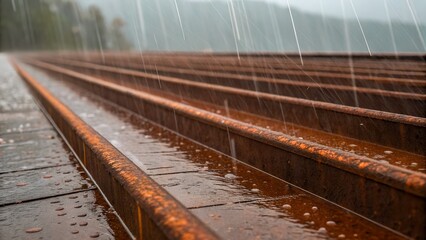 Rain streaks on a rusted metal surface, vertical trails etched through oxidized patina