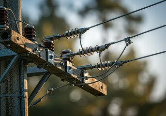 Close up of electric pole with power lines and insulators. Utility pole details for energy distribution and infrastructure concept.