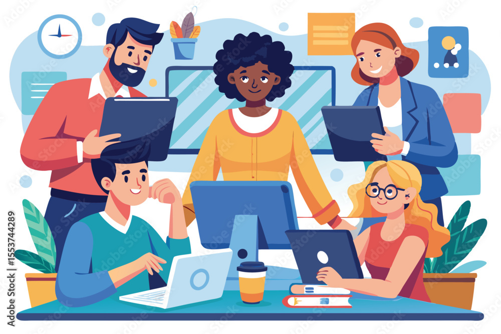 Poster diverse team collaborating in a creative workspace, engaged in discussions and using technology to e