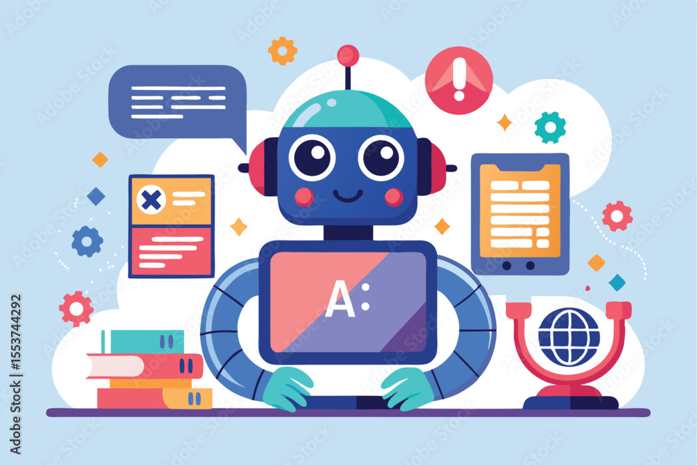Aufkleber ai robot performing automated tasks with cheerful expression, surrounded by various digital interfac