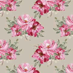watercolor pattern wildflowers illustration pink with green leaves isolated on dark