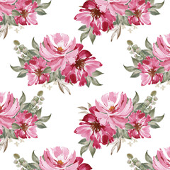 watercolor pattern wildflowers illustration pink with green leaves isolated