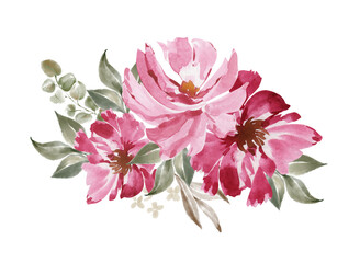 watercolor wildflowers illustration pink with green leaves isolated