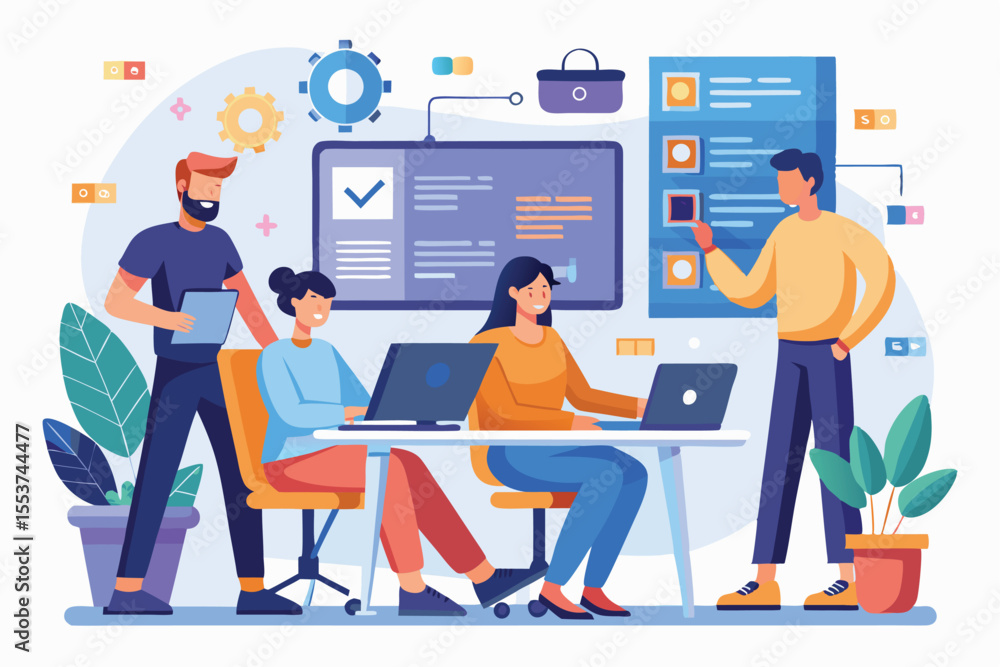 Poster engineer team collaborates on project development with modern tools and templates in a creative offi