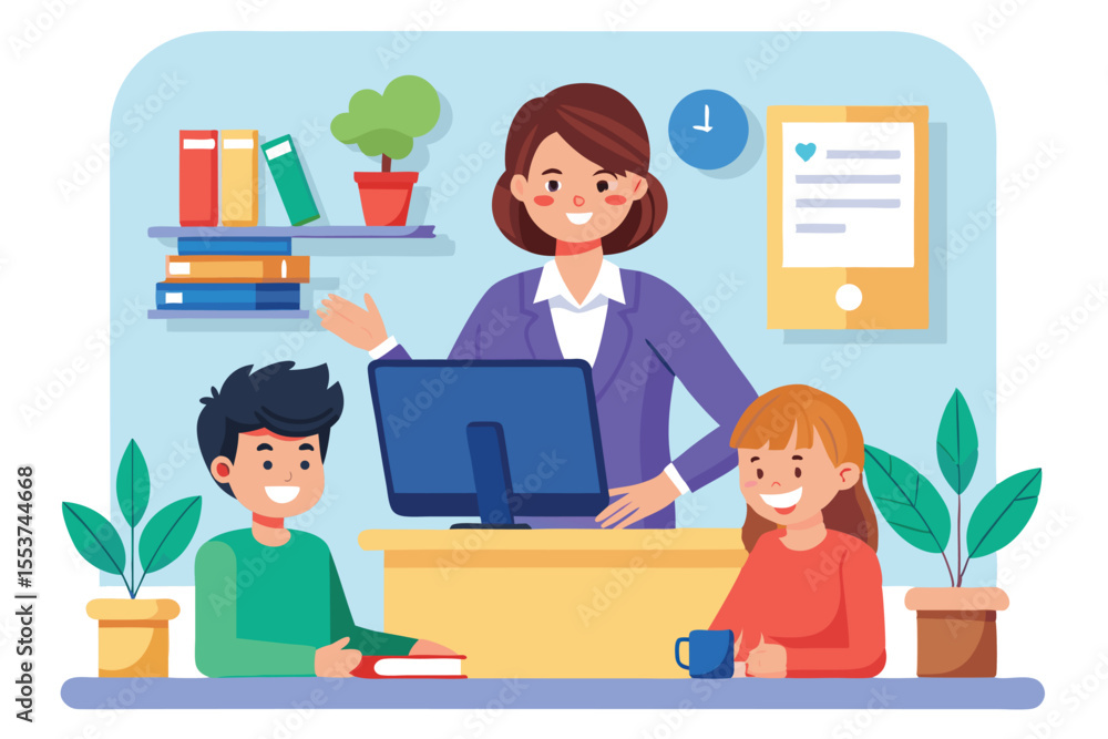 Poster teacher guides students in virtual learning environment with a computer while showcasing interactive
