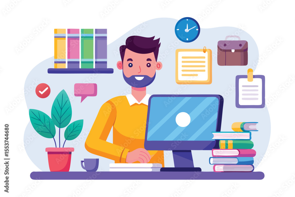 Poster man working diligently at his computer to complete online assignments in a cozy study environment fi
