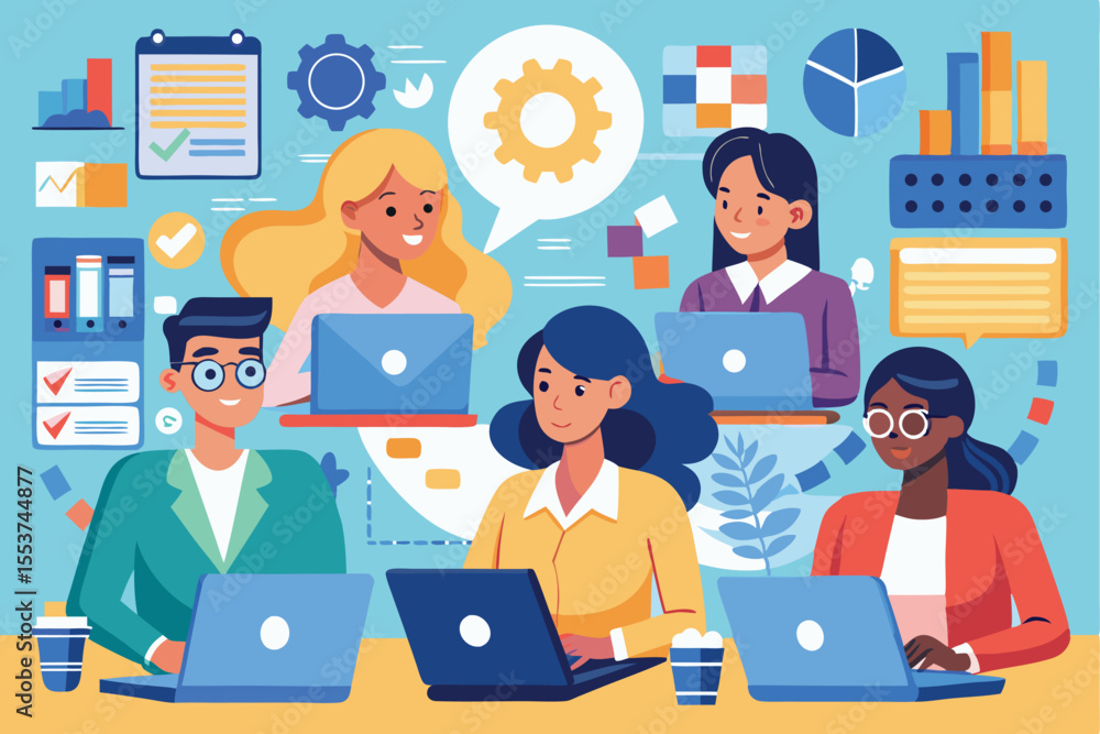 Poster diverse group of individuals engaged in collaborative project management while using laptops in a mo