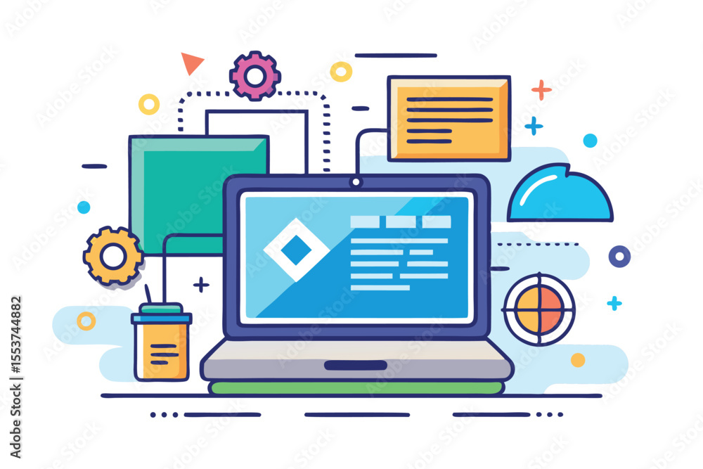 Poster vector illustration depicting a modern coding concept with a laptop, digital elements, and vibrant c