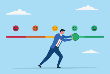 Vector illustration of a businessman pushing the feedback bar from negative to positive, symbolizing persistence, hard work, and the drive to improve business reputation and achieve success
