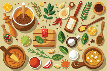 Colorful spices and herbs arranged in wooden bowls from a top view, showcasing a variety of flavors and ingredients for culinary creativity
