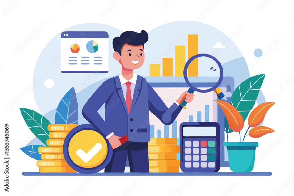 Poster businessman analyzing data with a magnifier in a modern office setting surrounded by financial graph