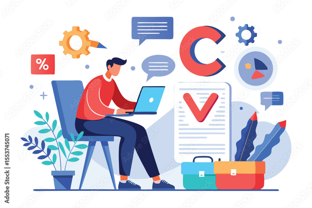 Poster employee creates a cv letter concept while seated at desk with laptop surrounded by design elements 