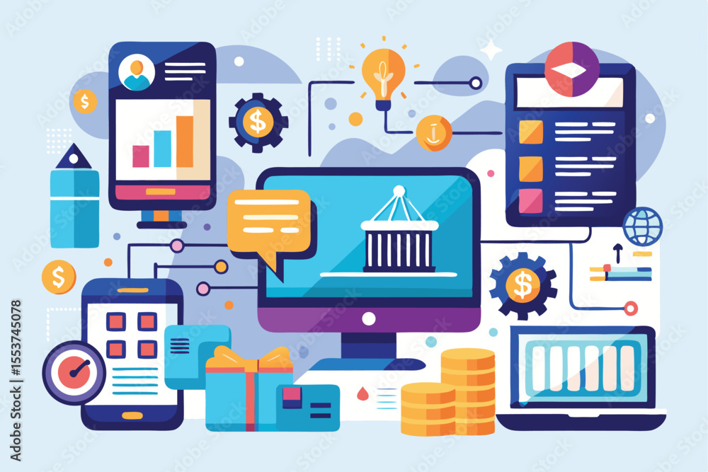 Aufkleber business applications and abstract concepts depicted through vector illustrations showcasing technol